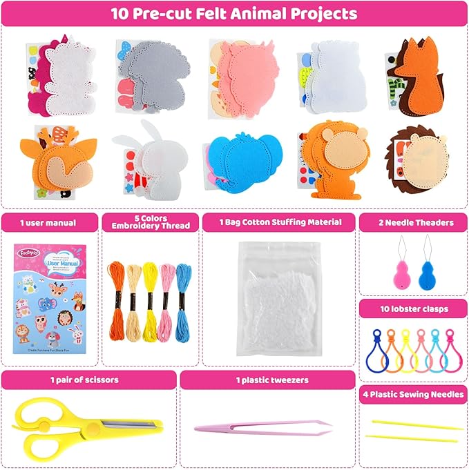 Funtopia Sewing Kit for Kids, 10 Easy DIY Projects of Stuffed Animal with Guiding Book, Beginners Sewing Toys and Birthday Gift for Girls Boys, Felt Arts and Crafts for Kids Ages 5-8 8-12