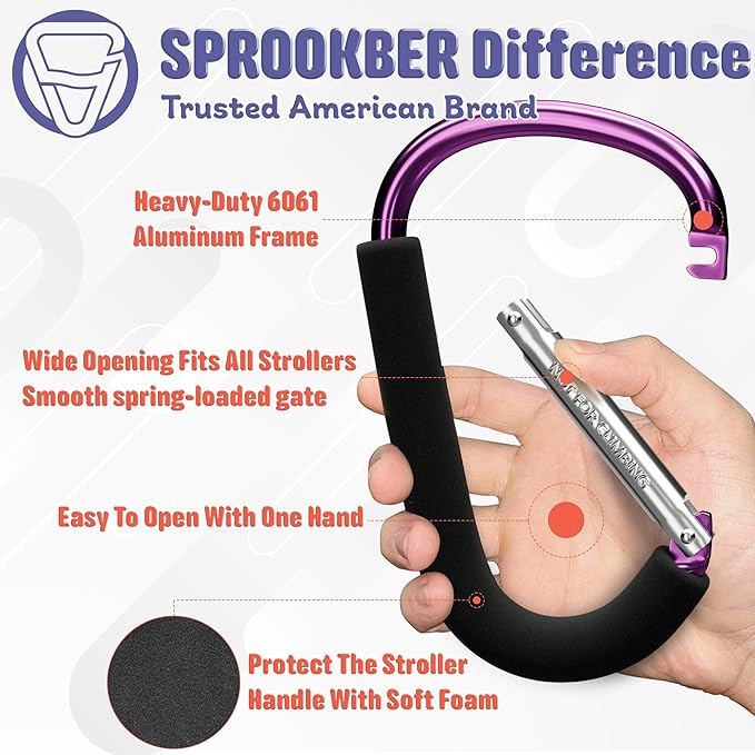 sprookber 6.7 Inch Large Stroller Hooks for Diaper Bags & Purses, Heavy Duty Mommy Hooks for Shopping, Grocery, Backpack – Baby Stroller Accessories, Set of 2 (Pink)