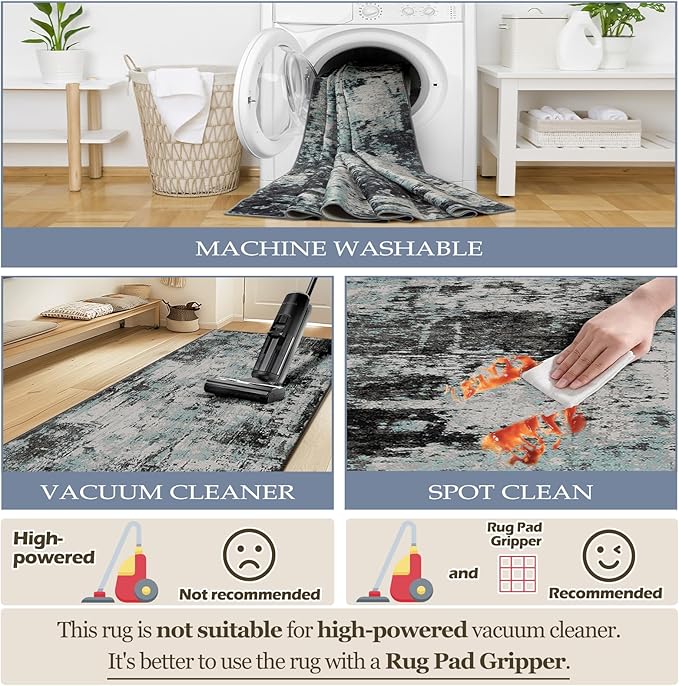 Washable Area Rugs 4'x6' Non-Slip Modern Abstract Soft for Living Room Entryway Bedroom Nursery, Print Pattern, Blue Black Teal