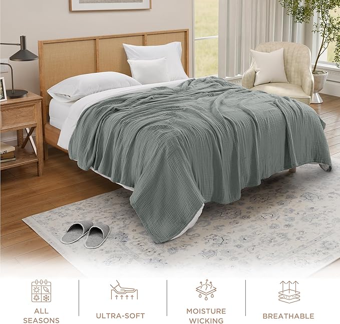 Threadmill Summer Muslin King Blanket | Lightweight Blanket for Bed or Couch | 4 Layer 100% Cotton Gauze | Soft, Breathable, and Cozy for All Seasons | Fits Cal King Size Bed | Scottish Grey