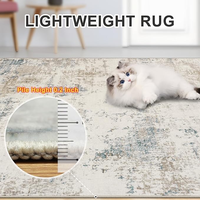 Area Rugs Living Room Rug - 5x7 Washable Modern Abstract Soft Neutral Non-Slip Carpet Large Indoor Floor Stain Resistant Thin Carpets for Bedroom Dining Room Farmhouse Nursery Home Office Multi