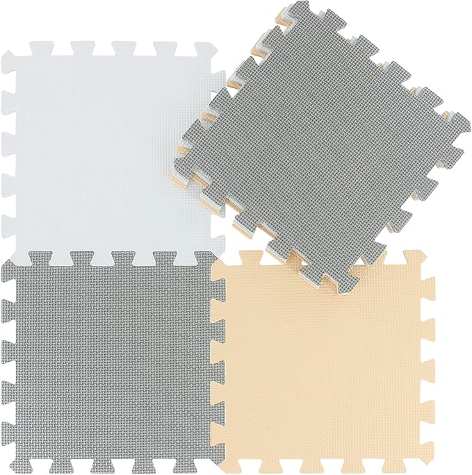 qqpp EVA Rubber 18 Tiles Interlocking Puzzle Foam Floor Mats - Baby Play Mat for Playing | Exercise Mat for Home Workout. White, Beige, Gray. QC-AJLb18N