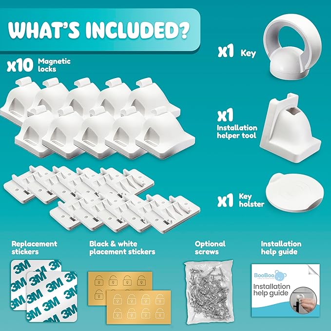 Booboo® Magnetic Child Safety Cupboard Locks for Children x10 Locks + x1 Key, Baby Proofing for Kitchen, Cabinets and Drawers, 30 Second Install No Drilling 3M Adhesive (10 Pack)