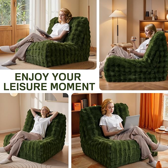 Modern Bean Bag Chair, Large Bean Bag Couch for Adults with Memory Foam Filled, Soft Faux Bunny Fur Lazy Chair for Living Room Bedroom Dorm Apartment, No Assembly Required, Green