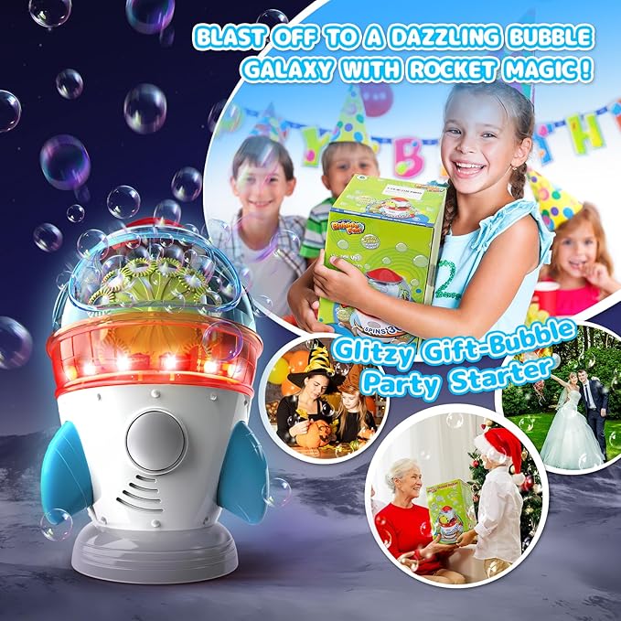 Rocket-Shaped Bubble Machine for Kids & Pets - Dual Powerful Bubble Outlets, Automatic 360° Rotation, Adjustable LED Lights & Music – Ideal for Indoor/Outdoor Birthday Parties