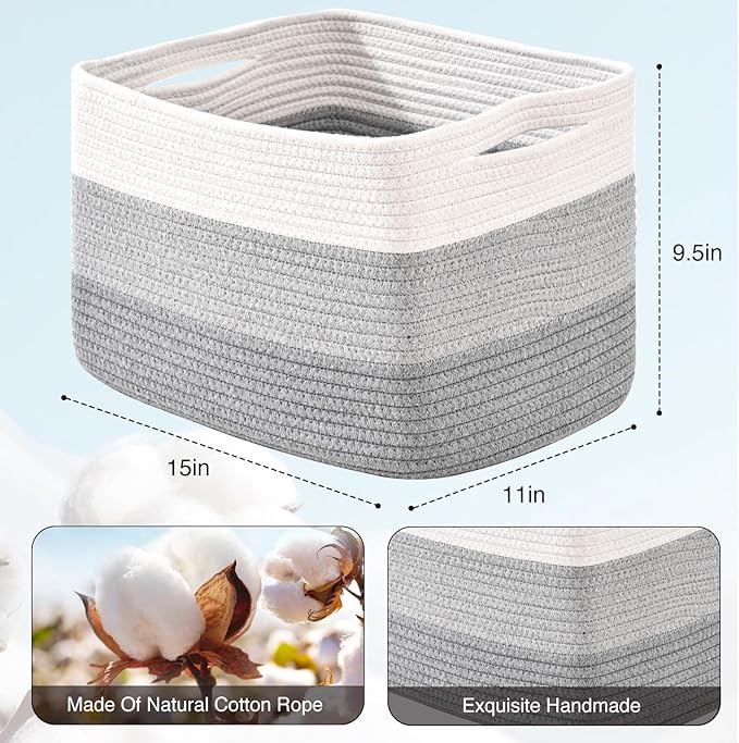 Storage Baskets for Organizing Shelves, Woven Cotton Rope Baskets for Storage Books Towels Toys, Organizing Baskets, Toy Basket for Nursery Bathroom, 15"x11"x9.5", 3 Packs, Gradient Grey