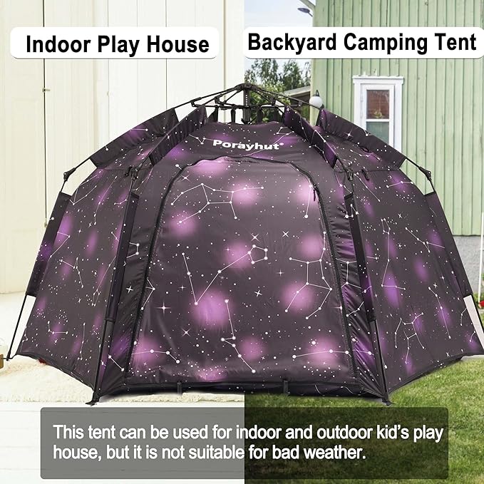 Portable Hexagon Kids Play Tent with LED Strip Lights Indoor Children Play House Easy Set-up Space Dream Tent for Night.4-5 Person Large Tents & Birthday Gifts