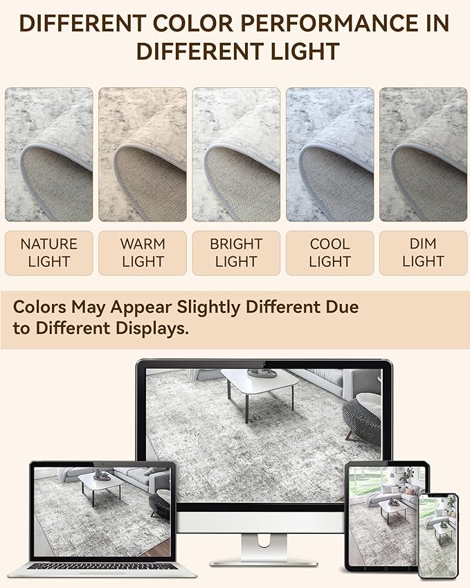 Washable Area Rugs 8'x10' Non-Slip Modern Abstract Soft for Living Room Entryway Bedroom Nursery, Print Pattern, Gray White Grey