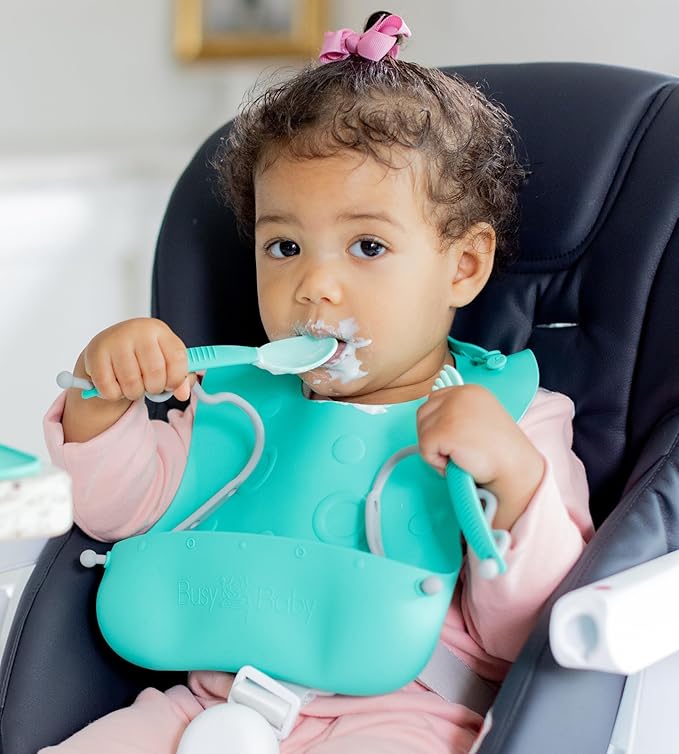 BUSY BABY Bungee Bib & Utensil Set – Adjustable Silicone Bib with Pocket & Tethered Utensils for Babies & Toddlers