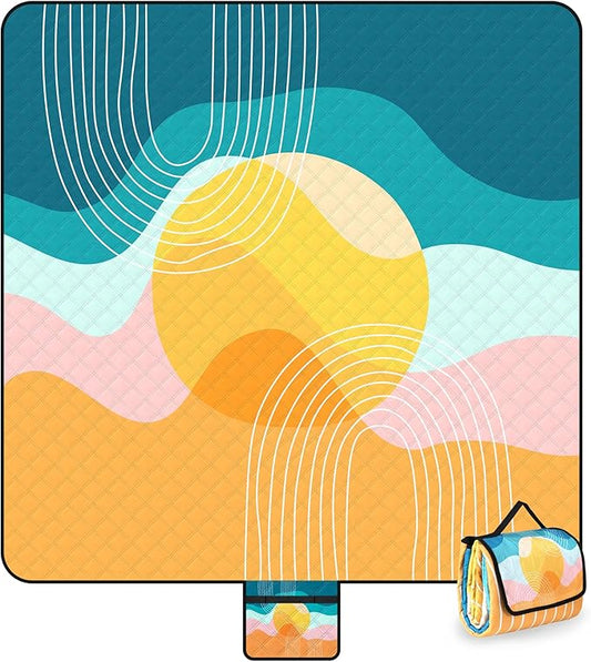 Picnic Blankets Waterproof Foldable, Extra Large 79"x79" Beach Blanket Waterproof Sandproof, 3-Layer Polyester Foldable Portable Outdoor Mat for Park, Camping, Travel, Grass Lawn- Afterglow Rainbow