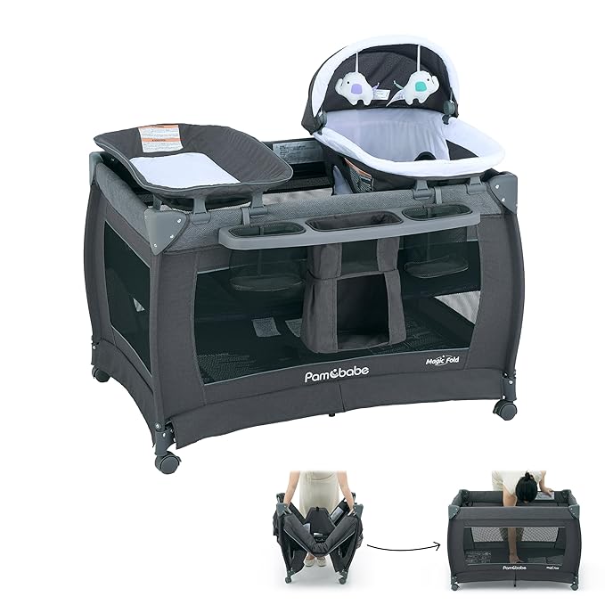 Pamo Babe 1-Second Setup 4-in-1 Playard for Babies - Heavy-Duty Steel Frame for Safe Sleep Space, Portable Crib with Changing Table, Locking Wheels, Breathable Mesh
