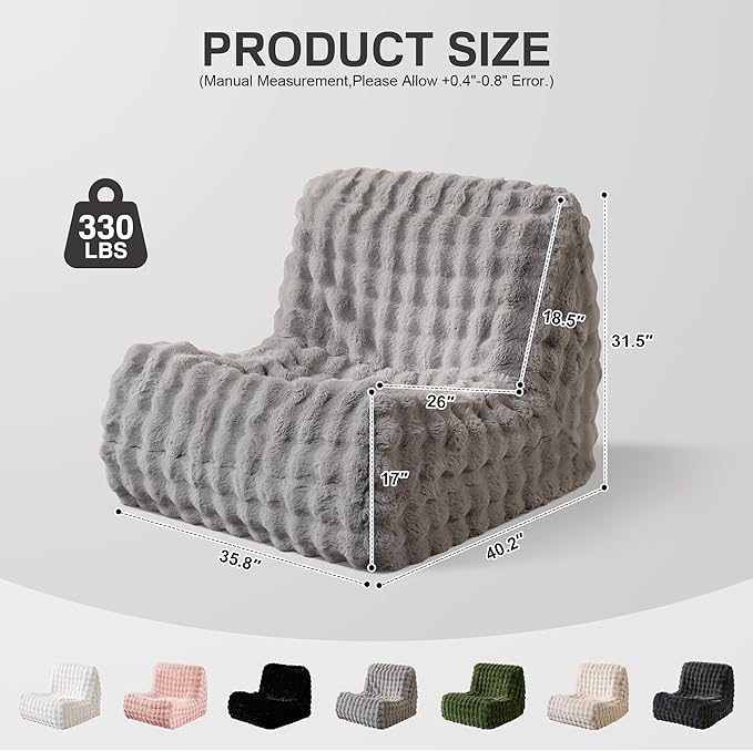 Modern Bean Bag Chair, Large Bean Bag Couch for Adults with Memory Foam Filled, Soft Faux Bunny Fur Lazy Chair for Living Room Bedroom Dorm Apartment, No Assembly Required, Grey