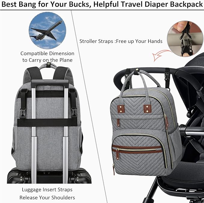 Diaper Bag Backpack for Women with Changing Pad, Baby Bag with Insulated Pockets Multifunctional Diaper Bags For Baby Girl Boy Waterproof Baby Bags For Boys Girls Maternity Bag Grey