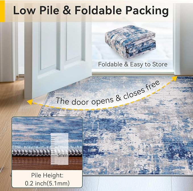 Washable Area Rugs 3'x5' Non-Slip Modern Abstract Soft for Living Room Entryway Bedroom Nursery, Print Pattern, Blue Grey Navy Gray