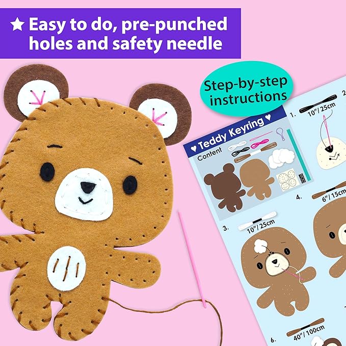 KRAFUN Unicorn Sewing Keyring Kit for Kids Age 7 8 9 10 11 12 Learn Art & Craft, Includes 6 Stuffed Animal Bear, Dog, Rabbit, Raccoon, Owl Dolls, Instruction & Felt Materials