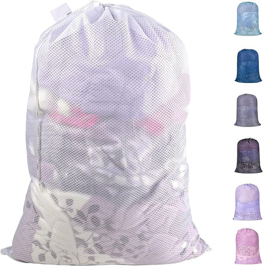 Polecasa Heavy Duty Diamond Mesh Laundry Bags, 24 x 36 inches Large Mesh Laundry Bag with Drawstring Closure and ID Tag, Laundry Hamper Liner, Laundry bag for College, Travel, Sports, Dorms,White