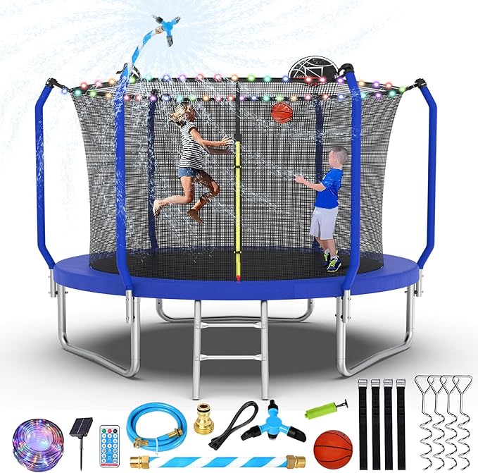 Upgraded Trampoline 8FT/10FT/12FT/14FT With Basketball Hoop, Light, Sprinkler, Stakes - Outdoor Backyard for 4-6 Kids and Adults