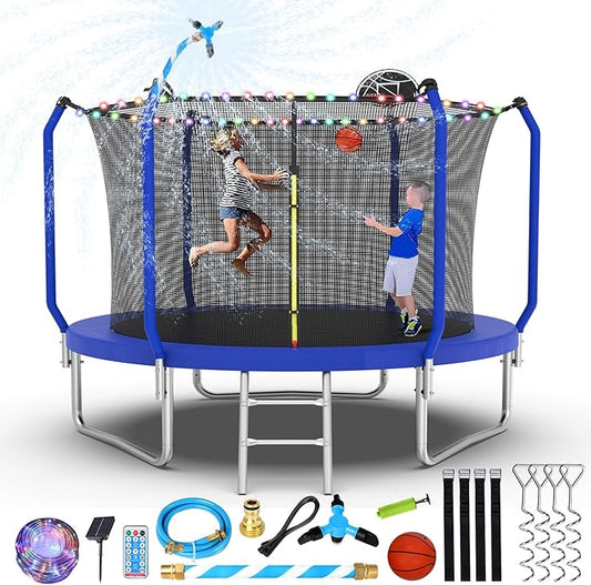 Upgraded Trampoline 8FT/10FT/12FT/14FT With Basketball Hoop, Light, Sprinkler, Stakes - Outdoor Backyard for 4-6 Kids and Adults