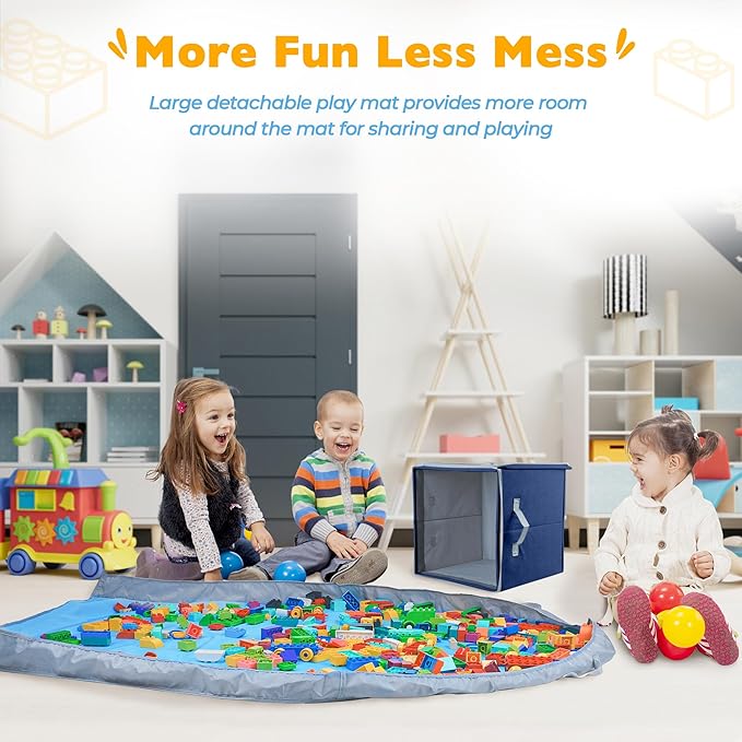 SAM AND MABEL Toy Storage Organizer with Play Mat for Kids – 13" x 13" x 13" Storage Box, Stackable and Foldable Cubby Baskets for Playroom, Nursery Bins for Boys and Girls (Noble Blue)