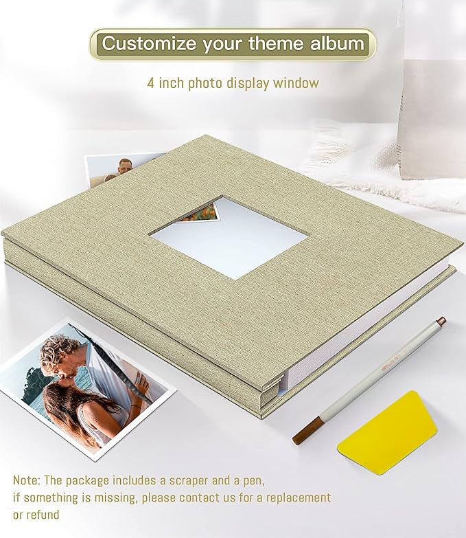 popotop Photo Album Self Adhesive with Picture Display Window,40 Pages DIY Scrapbooking Supplies Kit for 4x6 8x10 Picture,Linen Cover Memory Book for Baby Wedding, with Scraper and Metallic Pen