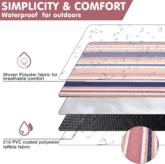 Waterproof Picnic Blanket 80" x 80" in Portable with Carry Strap for Beach Mat or Family Outdoor Camping Party, Park Blanket for Grass Park, Hiking, Travel, Concerts (Brown&Orange, 80" x 80")