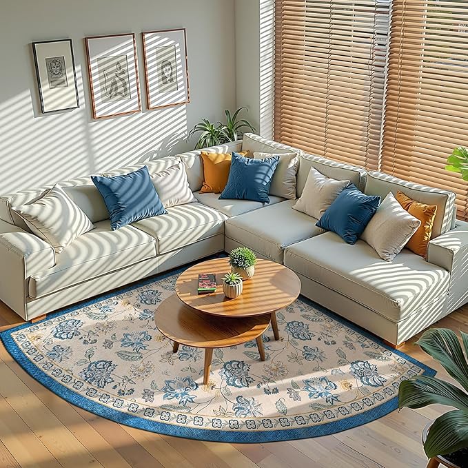 jinchan Floral Corner Rug for Living Room Washable Bedroom Rug Vintage Romance Design Non Slip Quarter Circle Lightweight Low-Pile Throw Carpet for Reading Nook Playroom,6ft Radius, Blue/Beige
