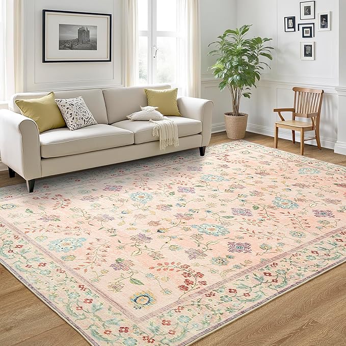 LOCHAS Washable Area Rugs 8x10, Pink Floral Rug for Living Room Bedroom Non Slip, Ultra Soft Vintage Indoor Carpet for Kids, Nursery, Dorm, Dining Room, Classroom, Boho Flower Home Decor, Low-Pile