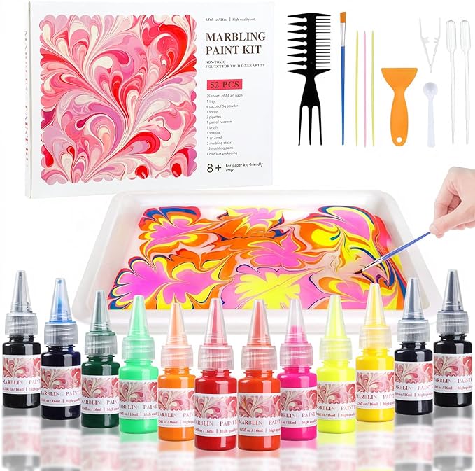 Marbling Paint Art Kit for Kids, Arts and Crafts Set for Girls & Boys Ages 8-12, Craft Kits with 16ml-12pcs & 25 Papers, Art Supplies, Birthday Gifts & Creative Toys for Kids Age 8 9 10 Year