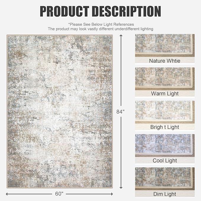 5x7 Area Rug Living Room Rug: Washable Modern Abstract Soft Thin Rug Indoor Floor No Slip Stain Resistant Carpet for Bedroom Dining Room Farmhouse Nursery Home Office - Brown Grey