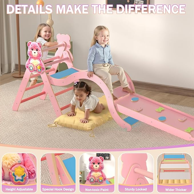 Pikler Triangle Set with Cushion 9 in 1, Climbing Toys for Toddlers 1-3, Montessori Indoor Baby Playground for Safe Motor Skills Development, Large Foldable Wooden Climbing Toys Set for Playroom