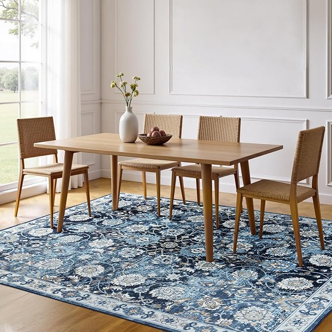 Floral Washable Area Rugs 5x7, Vintage Rug for Living Room, Large Bedroom Carpet, Non Slip Low Pile Ultra Soft Carpets for Indoor Dining Home Nursery Playroom Under Table, Blue Garden