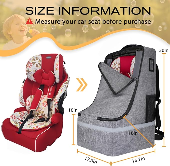 Car Seat Travel Bag for Airplane,Infant Seat Travel Bag with Shoulder Strap,Padded Car Seats Backpack with Reflective Stripes,Large Carseat Carrier Bag Travel Car Seat Cover,Grey