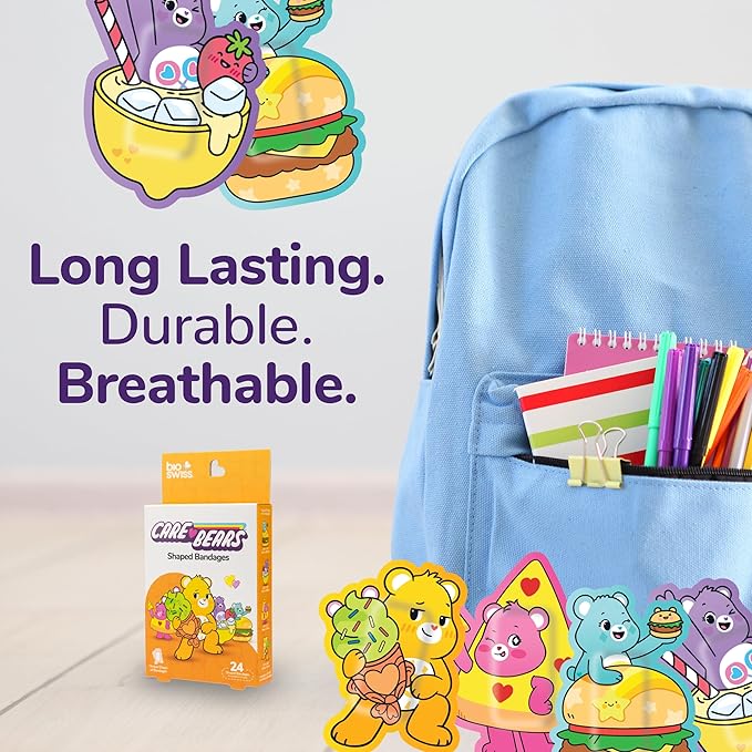 BioSwiss Care Bears Bandages, Sweet and Sour Care Bear Shaped Self Adhesive Bandage, Latex Free Sterile Wound Care, Fun First Aid Kit Supplies for Kids, 24 Count