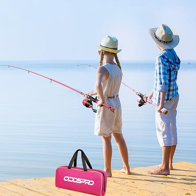 ODDSPRO Kids Fishing Pole Pink, Portable Telescopic Fishing Rod and Reel Combo Kit - with Spincast Fishing Reel Tackle Box for Girls, Youth