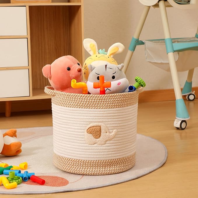 INough Toy Storage Baskets Woven Cotton Rope Storage Basket for Kids, Blanket Baskets for Living Room Toy Basket Box Toys Organizer with Embroidery Decor Cute Baskets for Nursery, Playroom (Elephant)