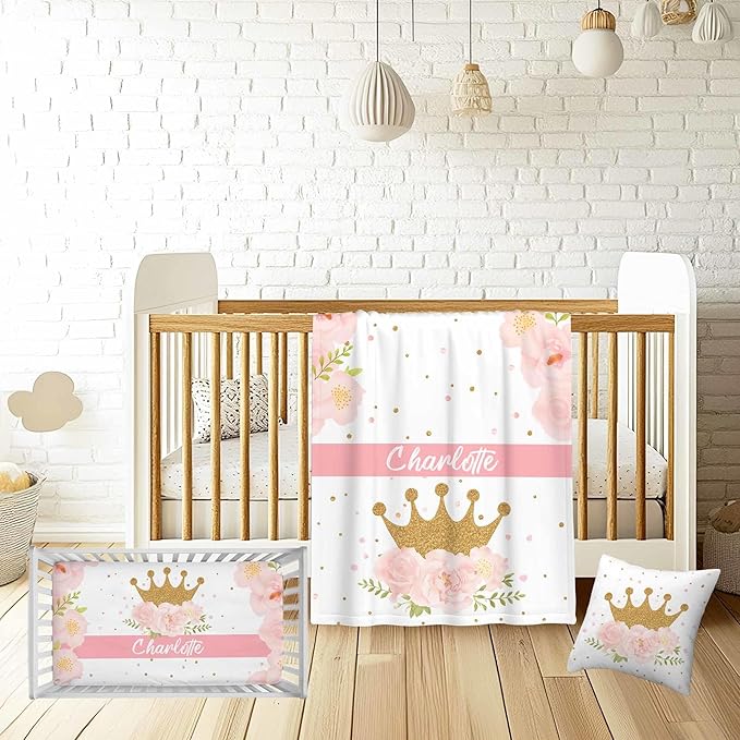 Personalized Baby Girl Crib Bedding Set – Custom Name 3-Piece Nursery Bedding with Crown with Flower, Flannel Blanket, Fitted Sheet & Pillowcase – Shower Gift for Baby Infant & Toddler