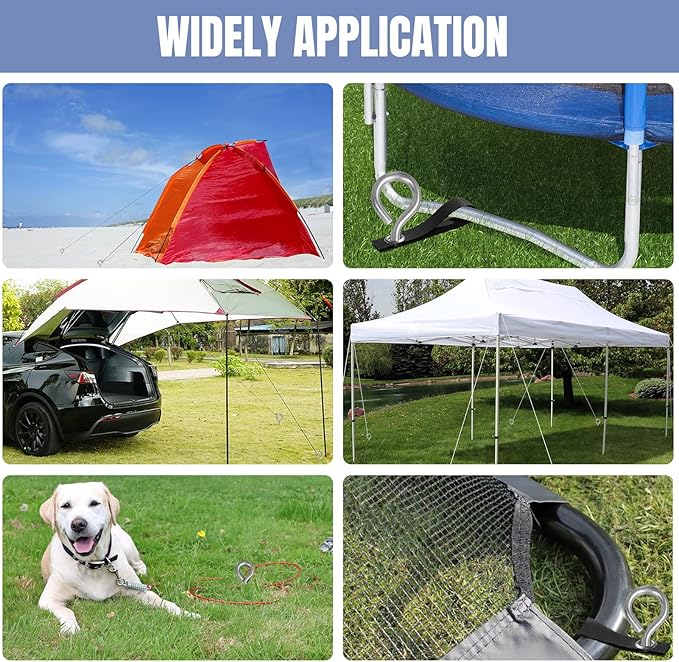 Eurmax USA Trampoline Stakes Screw in Tent Stakes Parts Heavy Duty for Canopies,4-Pack Outdoor Anchor Kit with Straps(Silver)