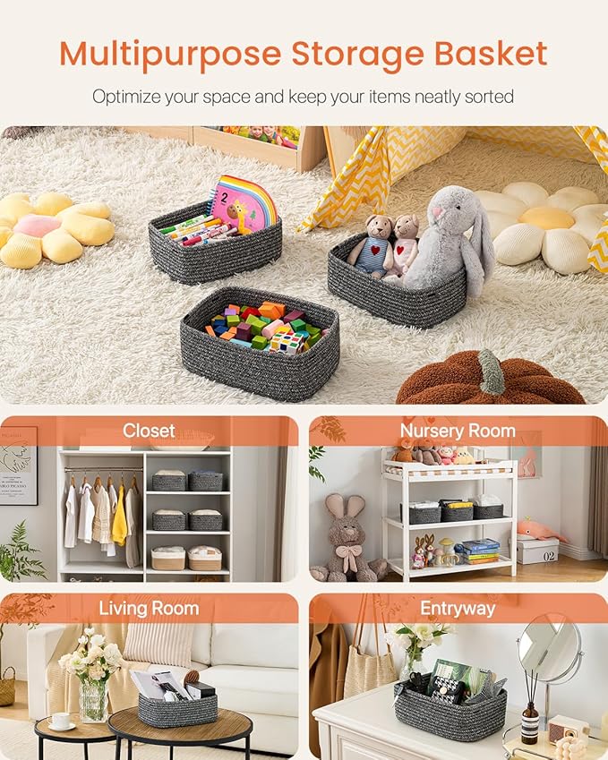 KALLAX Small Woven Basket, 12 x 8 x 4.5 Inches, Storage Basket for Organizing, Cute Small Rope Shelf Closet Cube Storage Bins Baskets for Shelves, Dog Toy Gift Baskets Empty, 3 Pack Mixed Black