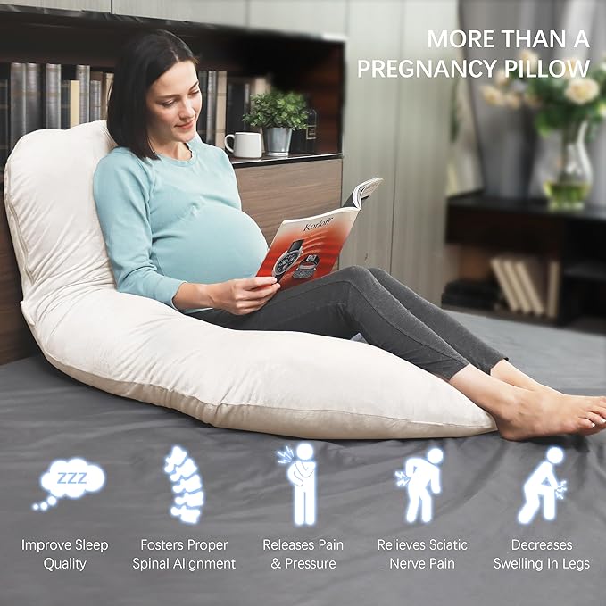 MOON PARK Pregnancy Pillows for Sleeping - U Shaped Full Body Maternity Pillow with Removable Cover - Support for Back, Legs, Belly, HIPS - 65 Inch - Ivory