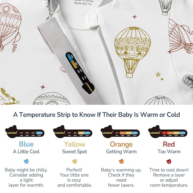 Baby Sleep Sack 6-12 Months, Cotton Detachable Long Sleeve Sleep Sack, 1.0 Tog Toddler Sleeping Sack with Temperature Strips, 2-Way Zipper Wearable Blankets for Newborns, Hot Air Balloon