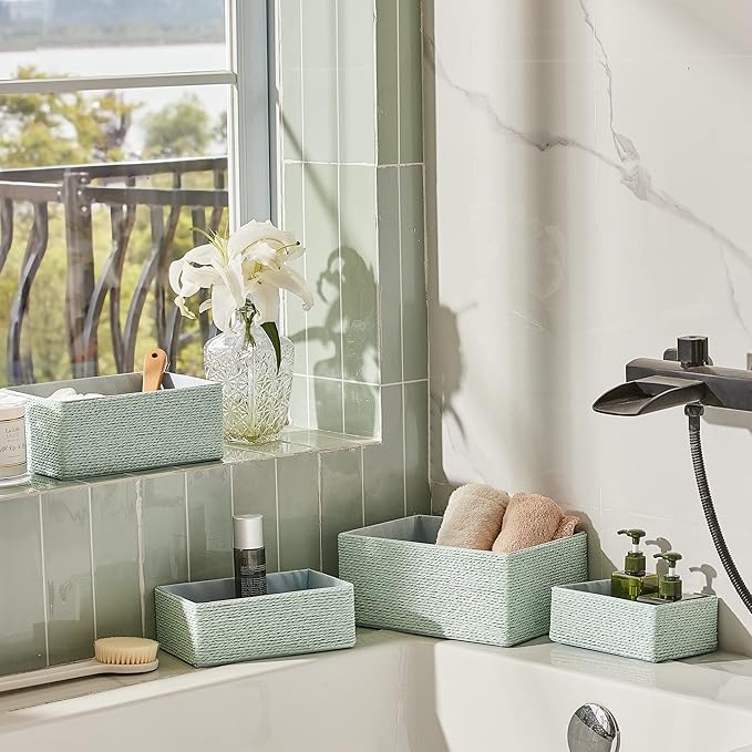 LA JOLIE MUSE Storage Baskets Set 4 - Stackable Woven Basket Paper Rope Bin, Storage Boxes for Makeup Closet Bathroom Bedroom (Light Green)