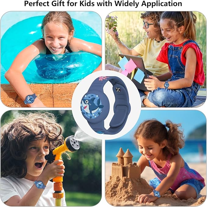 Waterproof Airtag Bracelet Kids,Cute Cartoon Silicone Hidden Airtag Wristband Kids,Anti-Lost Apple Airtag Holder Case for Toddler,Airtag Case Watch Band Tracker for Child-Blue Shark