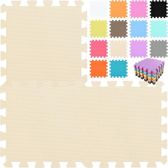 qqpp EVA Rubber 18 Tiles Interlocking Puzzle Foam Floor Mats - Baby Play Mat for Playing | Exercise Mat for Home Workout. Beige. QC-Jb18N