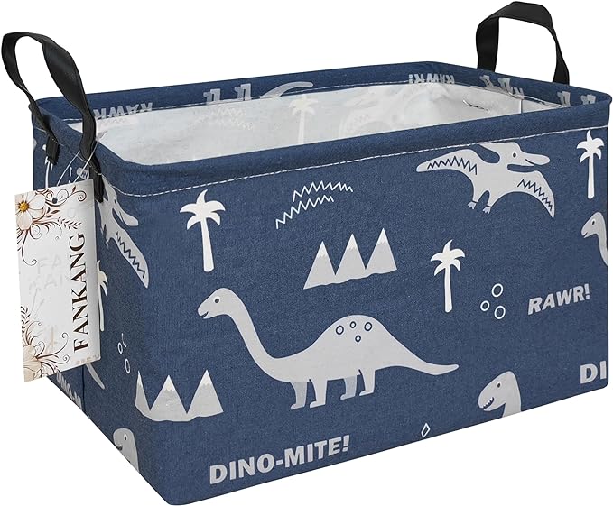 FANKANG Storage Bins, Nursery Hamper Canvas Laundry Basket Foldable with Waterproof PE Coating Large Storage Baskets for Kids Boys and Girls, Office, Bedroom, Clothes,Toys(Rec-Blue dinosaur