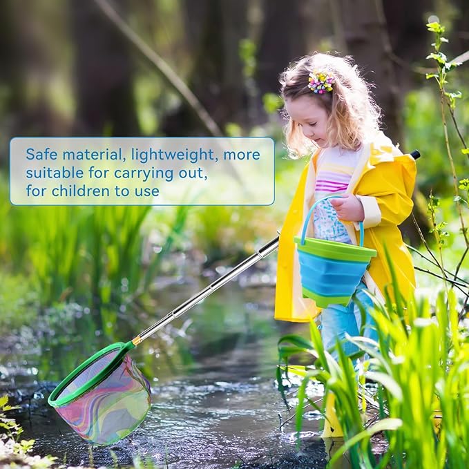 2PCS Fishing Net with Bucket, Telescopic Fishing Landing Net, Collapsible Kids Sand Bucket, Kids Fish Butterfly Catching for Freshwater Saltwater Outdoor Activities