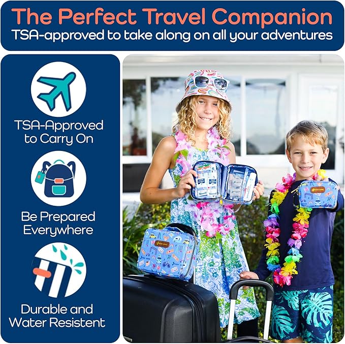 Keep Going Travel First Aid Kit for Kids – 130 Pc. for Car, Purse, Diaper Bag, Backpack, & Suitcase, with Latex-Free Bandages – 7 x 5 x 2 in. Travel First Aid Kit TSA-Approved