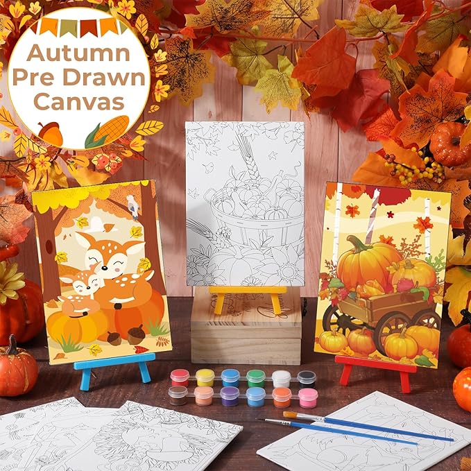 Blosssound 10 Set Pre Printed Canvas Pre Drawn Canvas Painting with Easel Kits 5" x 7" Outline Painting Panels for Beginners, DIY Craft Project, Party Favor, Home Decors(Autumn)