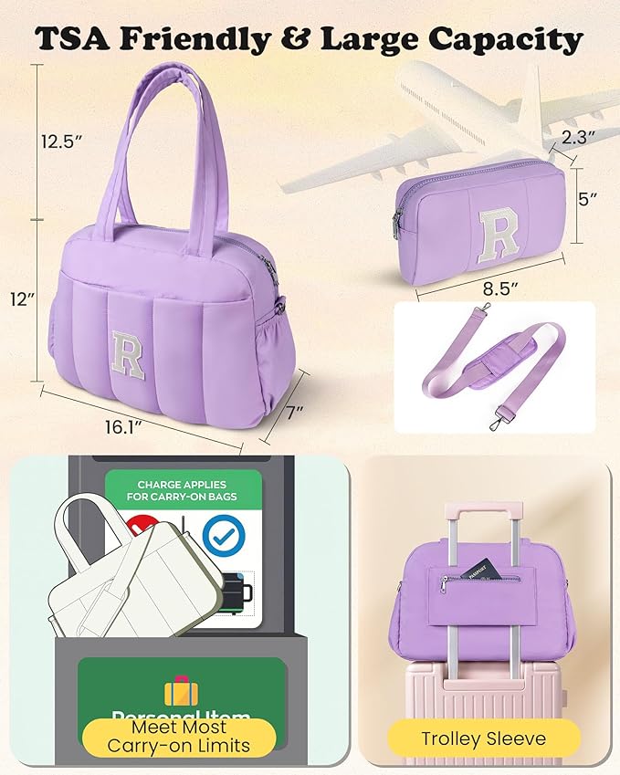 Birthday Gifts for 8 9 10 11 12 13 14 Year Old Girls-Initial Duffle Bag, Carry On Bags for Women，Overnight Bag with Wet Pocket，Lightweight Travel Bags Personalized Gym Tote with Makeup Pouch