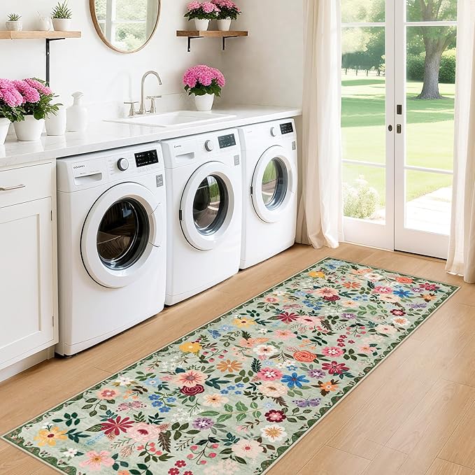 Runner Rug for Entryway: 2x10 Kitchen Rugs Non Slip Washable Ultra-Thin Soft Floral Carpet Indoor Floor Stain Resistant Carpets for Hallway Bedroom Kitchen Laundry Bathroom Dorm Green