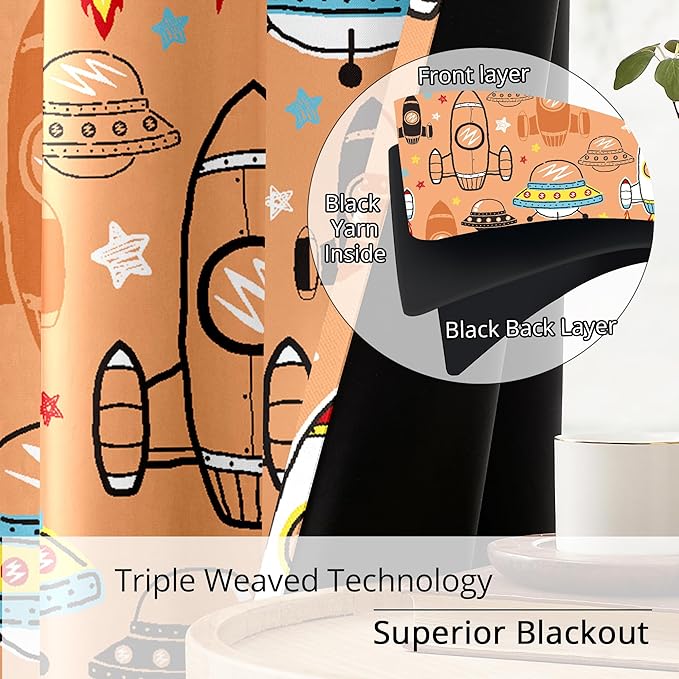 Kids Space UFO Rocket Blackout Curtains - 100% Blackout, Thermal Insulated, Noise Reducing, Perfect for Kids Room and Nursery, 2 Panels (Sunny Space Parade, W52×L84)